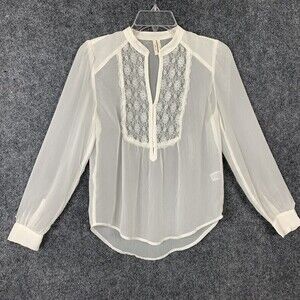 Frenchi Sheer Pullon Blouse Women XS Lace Bodice Ivory Long Sleeve Hi-low